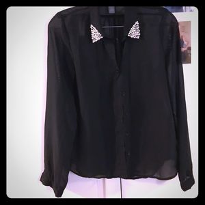 Black mesh button down with pearl accent collar