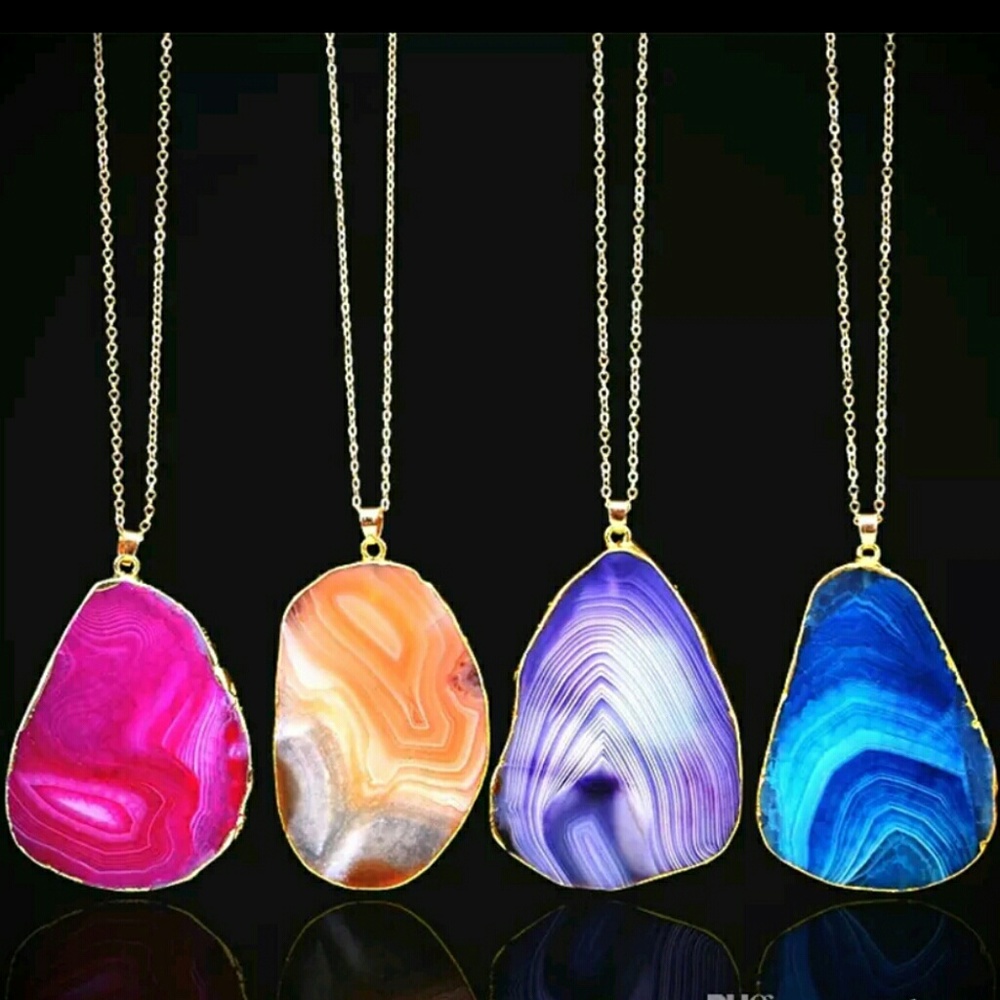 Dyed Agate Slice Gold Necklaces
