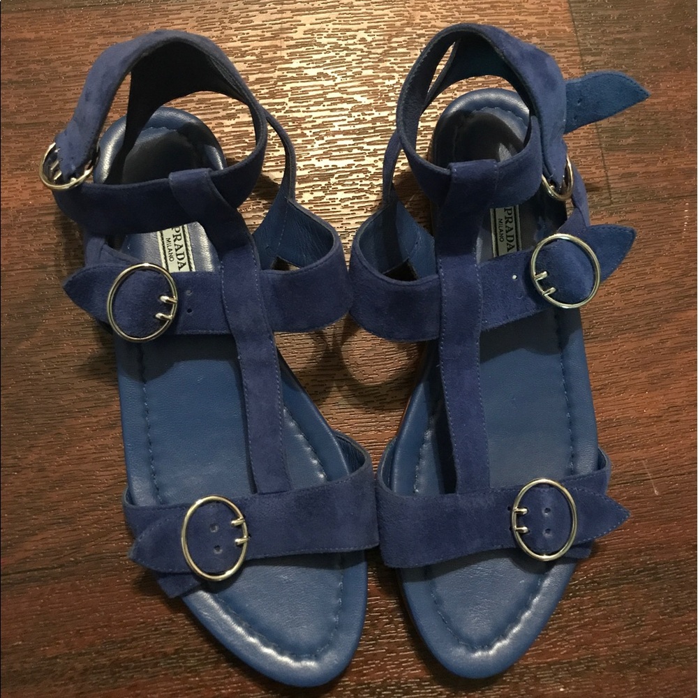Prada signature buckle blue suede flats
