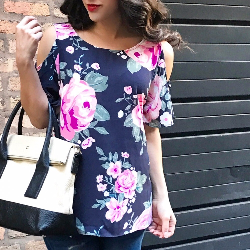 Boutique Flowered Cold Shoulder Top