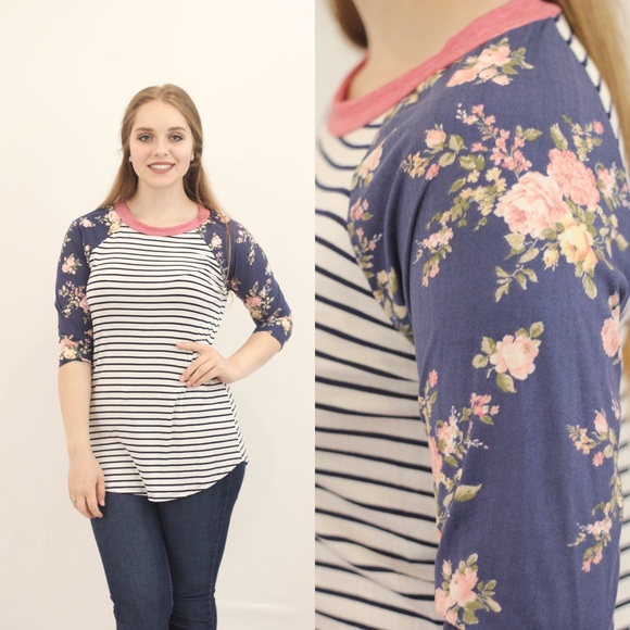 Striped Floral Sleeve Top - Picture 1 of 1