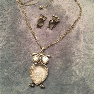 SILVER OWL NECKLACE EARRING SET