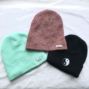 3 beanies (2 Neff) teal, heathered maroon, peace