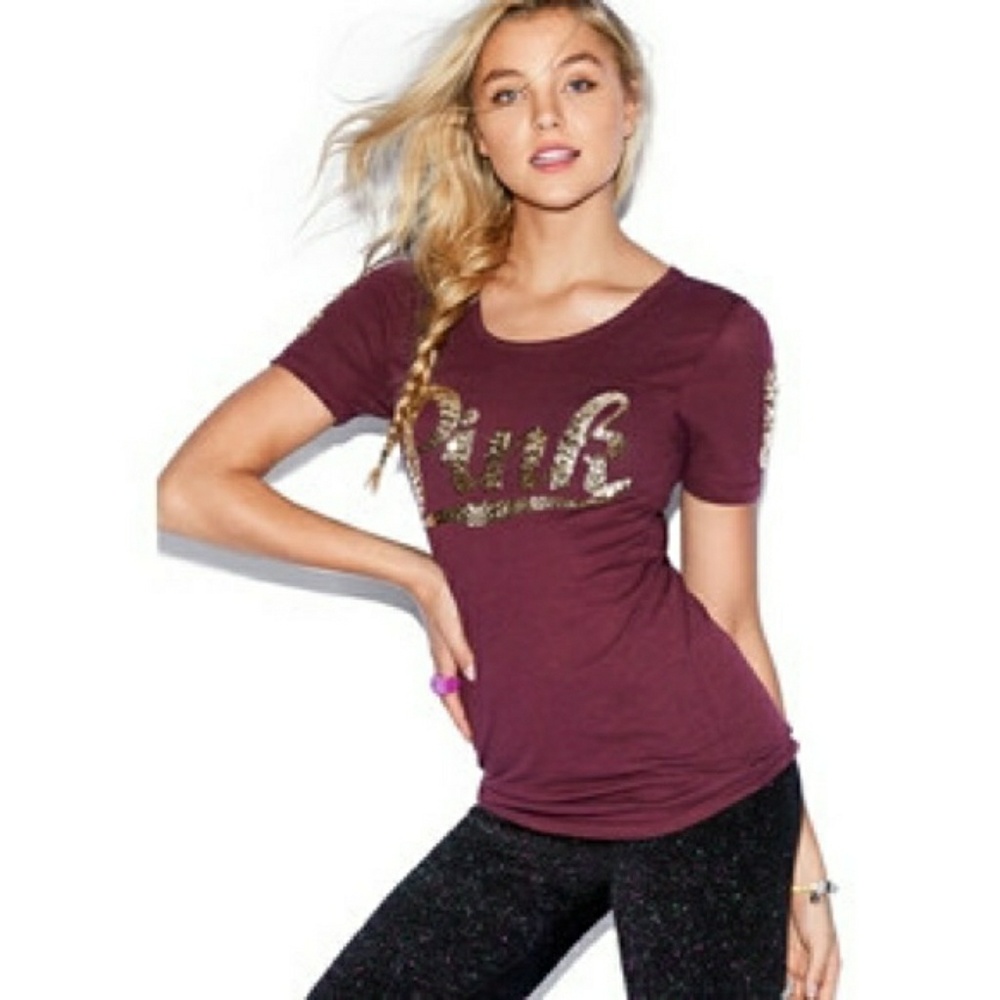 PINK VS burgundy sequin t-shirt