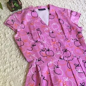Apple Print Stretch Pleated Pink Dress