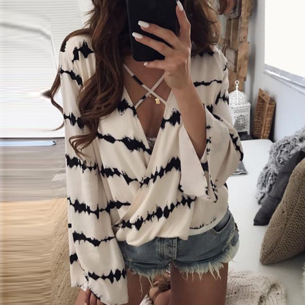 Women's Long Sleeve Striped Surplice Neckline Top