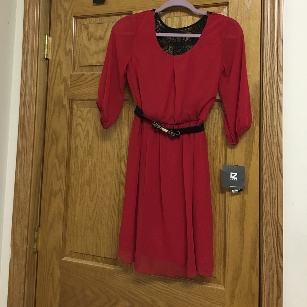 Red chiffon dress with black and gold belt