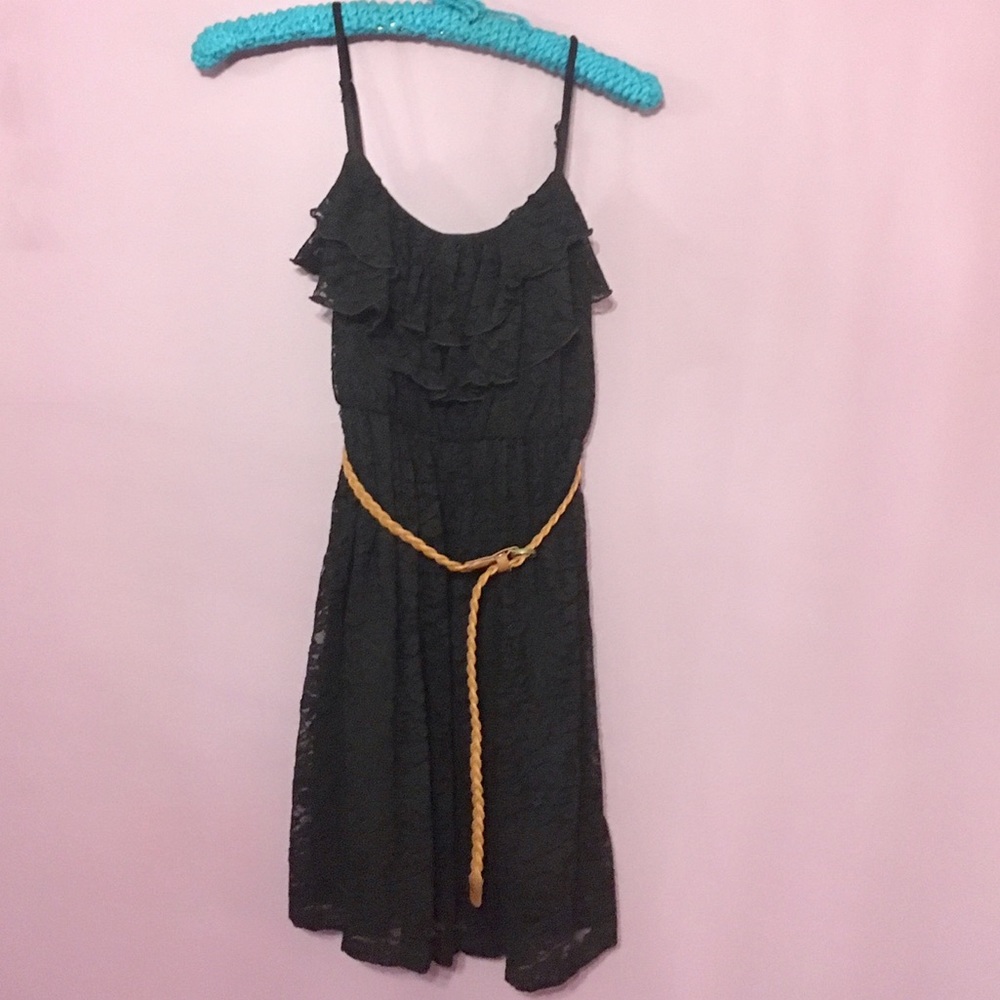 Black Lace Dress with tan braided belt, BCX, Small