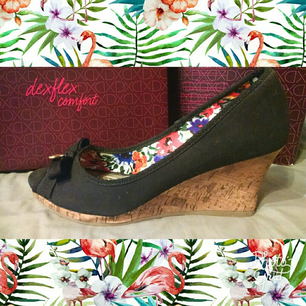 Dexflex Comfort Black Peep-Toe 3" Wedges