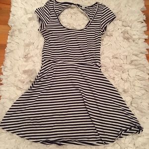 Blue and white striped open back skater dress