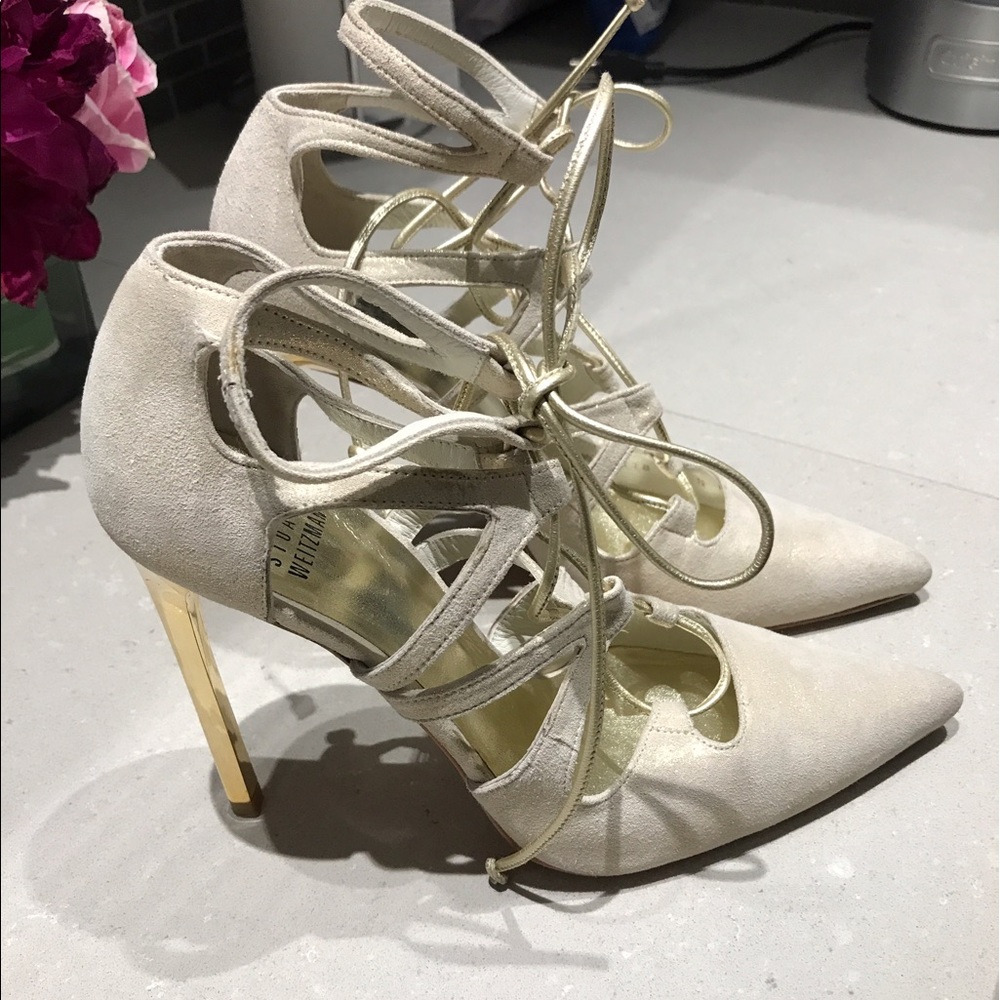 Stuart Weitzman Excite Shimmer Suede Lace up Heel