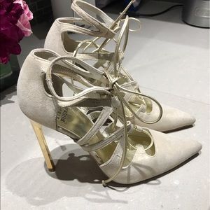 Stuart Weitzman Excite Shimmer Suede Lace up Heel