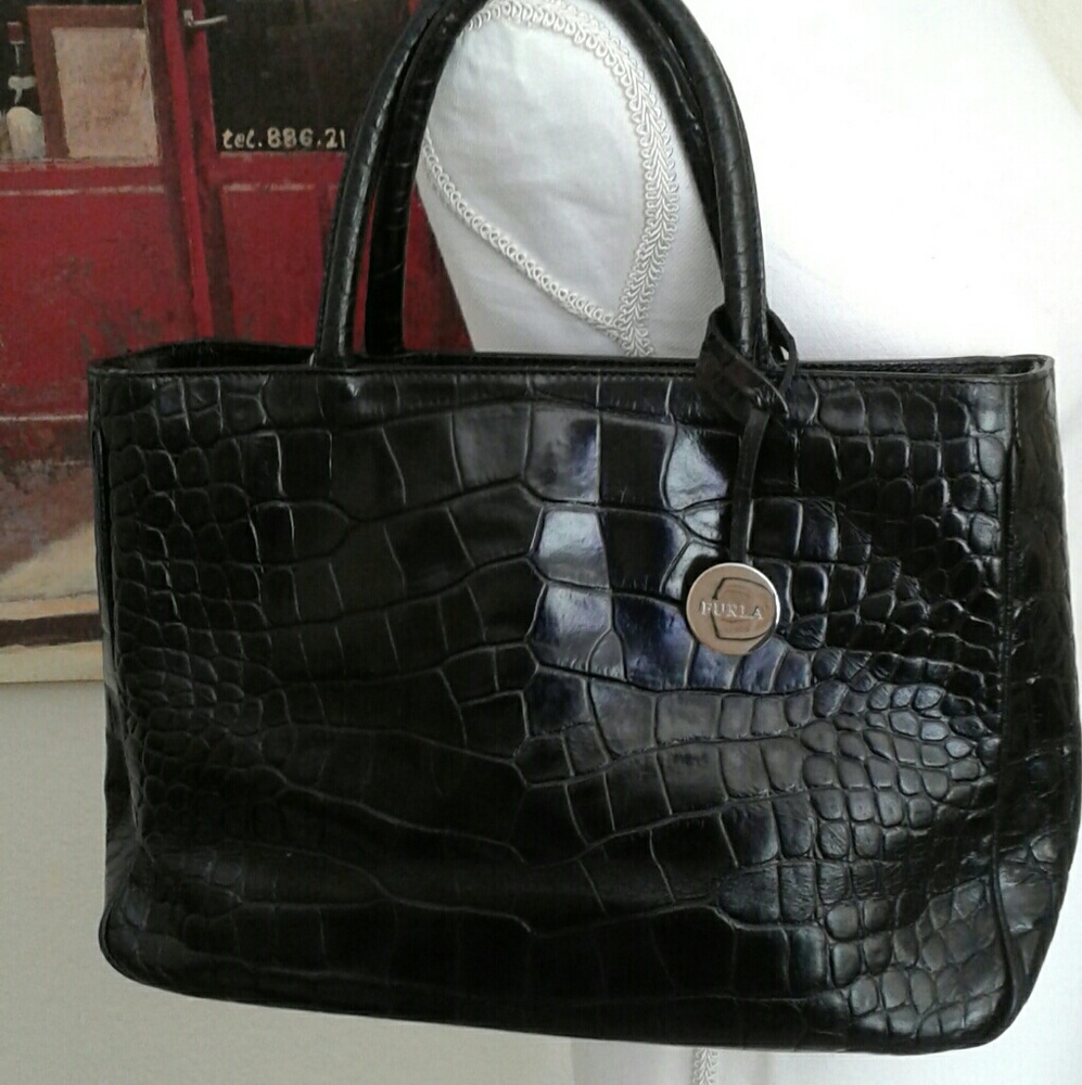 Furla Croc Embossed Leather Handbag