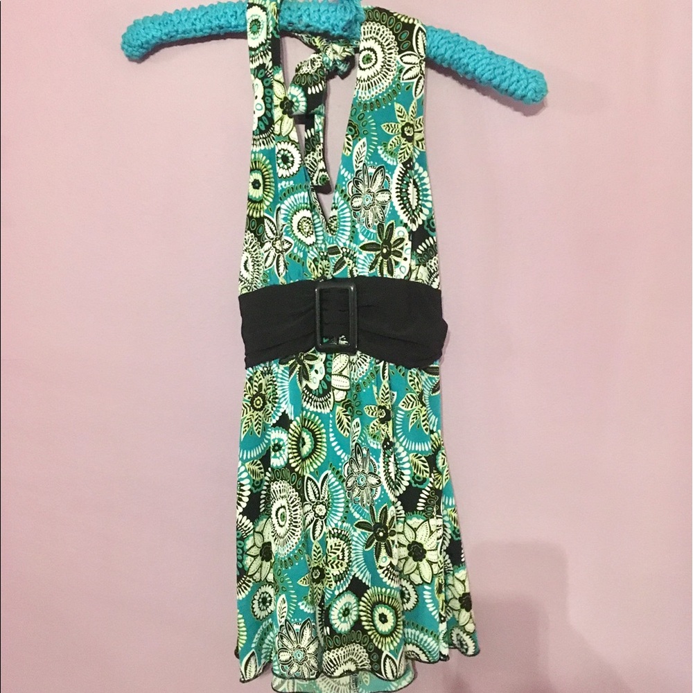 Teal Floral Halter Top with Black Belt, Size Med
