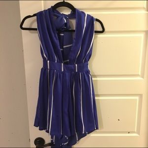 Blue and White Striped Romper - Open back/front