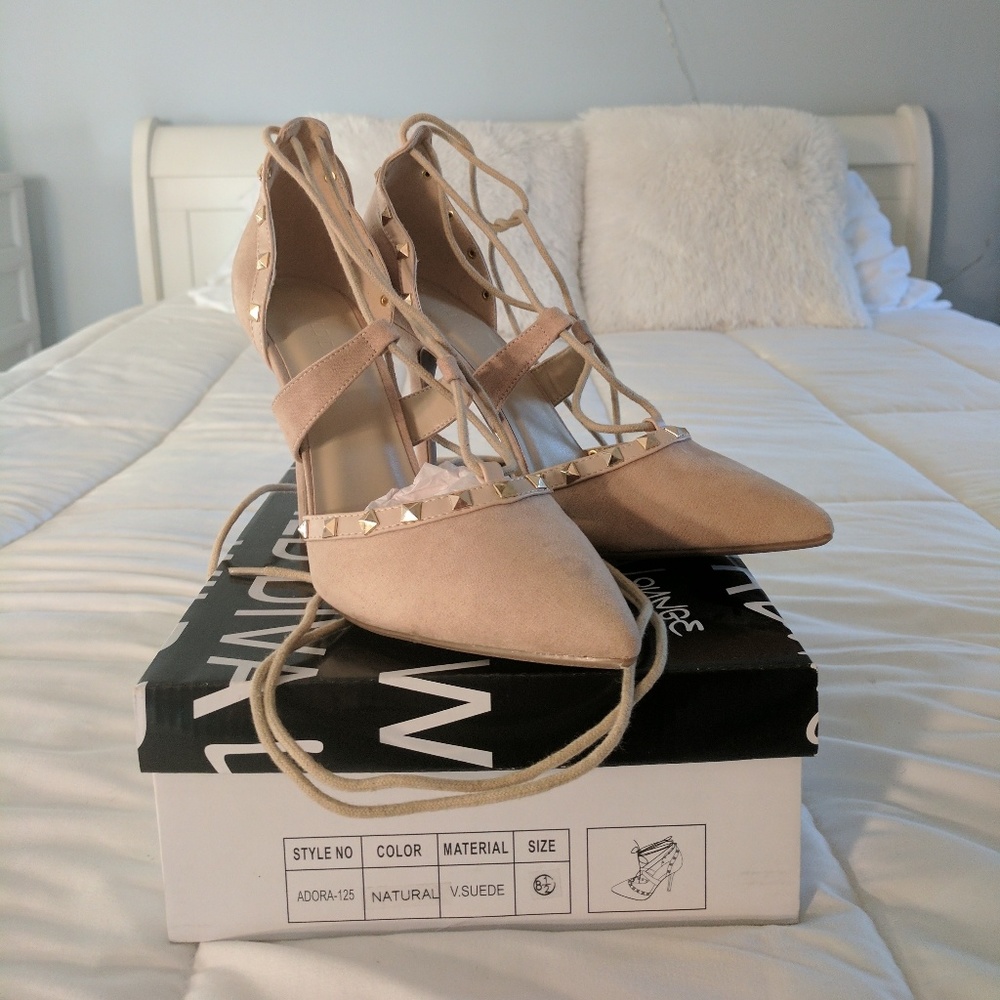 Taupe wrap around ankle heels