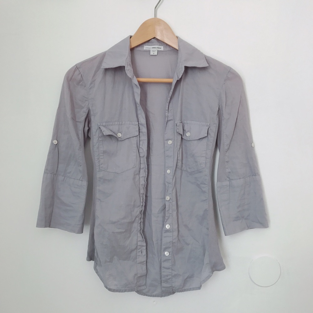 James Perse 3/4 sleeve contrast panel button shirt