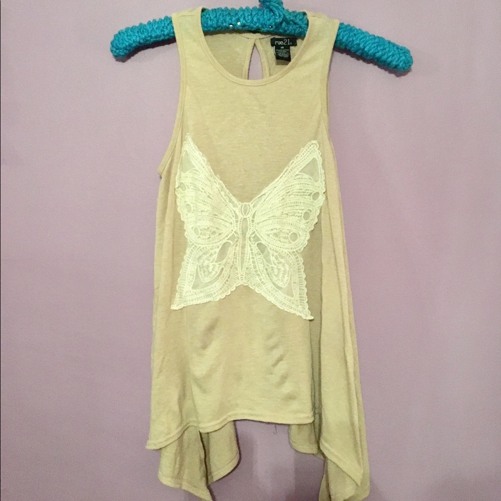 Beige Tank w/ White Lace Butterfly, Rue 21, XS