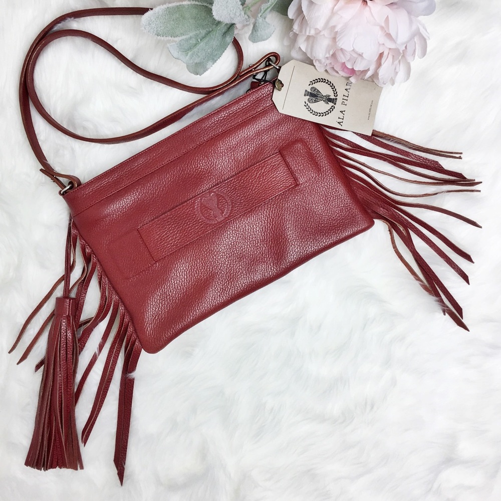 Ala Pilar Leather Red Fringe Boho Crossbody Clutch