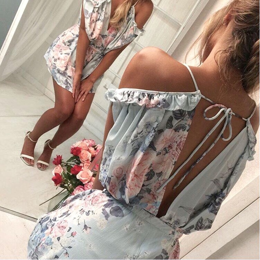 ✨ SALE Open Back Off Shoulder Boho Floral Romper - Picture 2 of 7