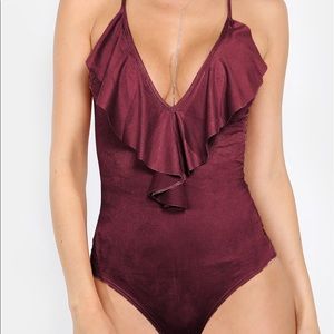 Burgundy Frill V-neck Plunge Bodysuit NWOT