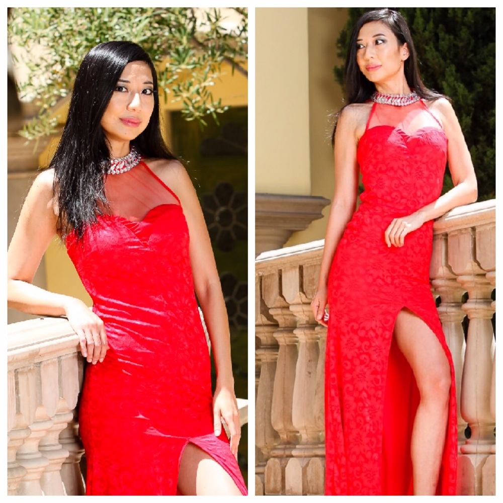 Red hot elegance illusion neck lace gown