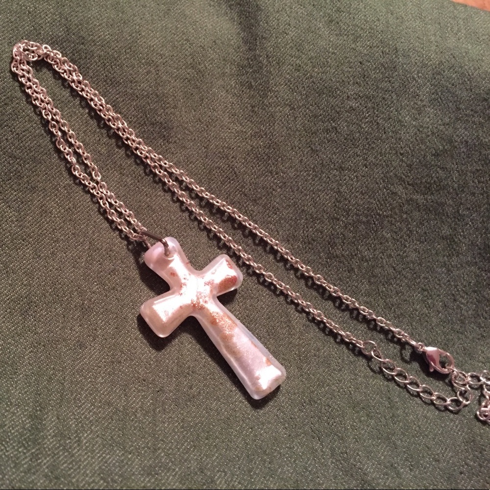 Handmade 2" frosted white glass cross & chain