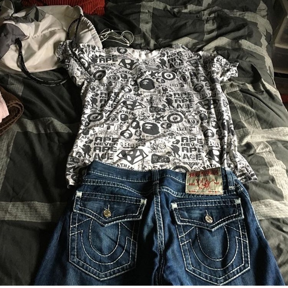 A Bathing Ape shirt and True Religion Jeans