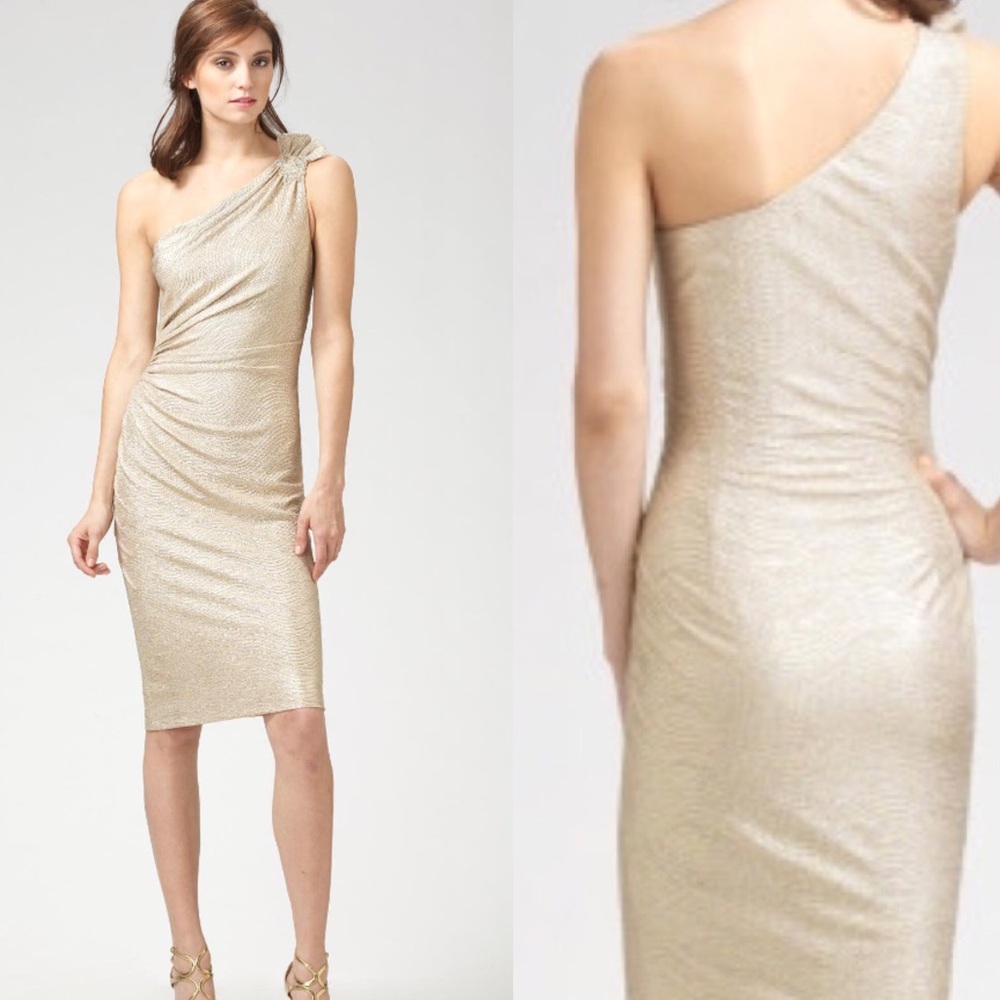 David Meister One Shoulder Gold Dress