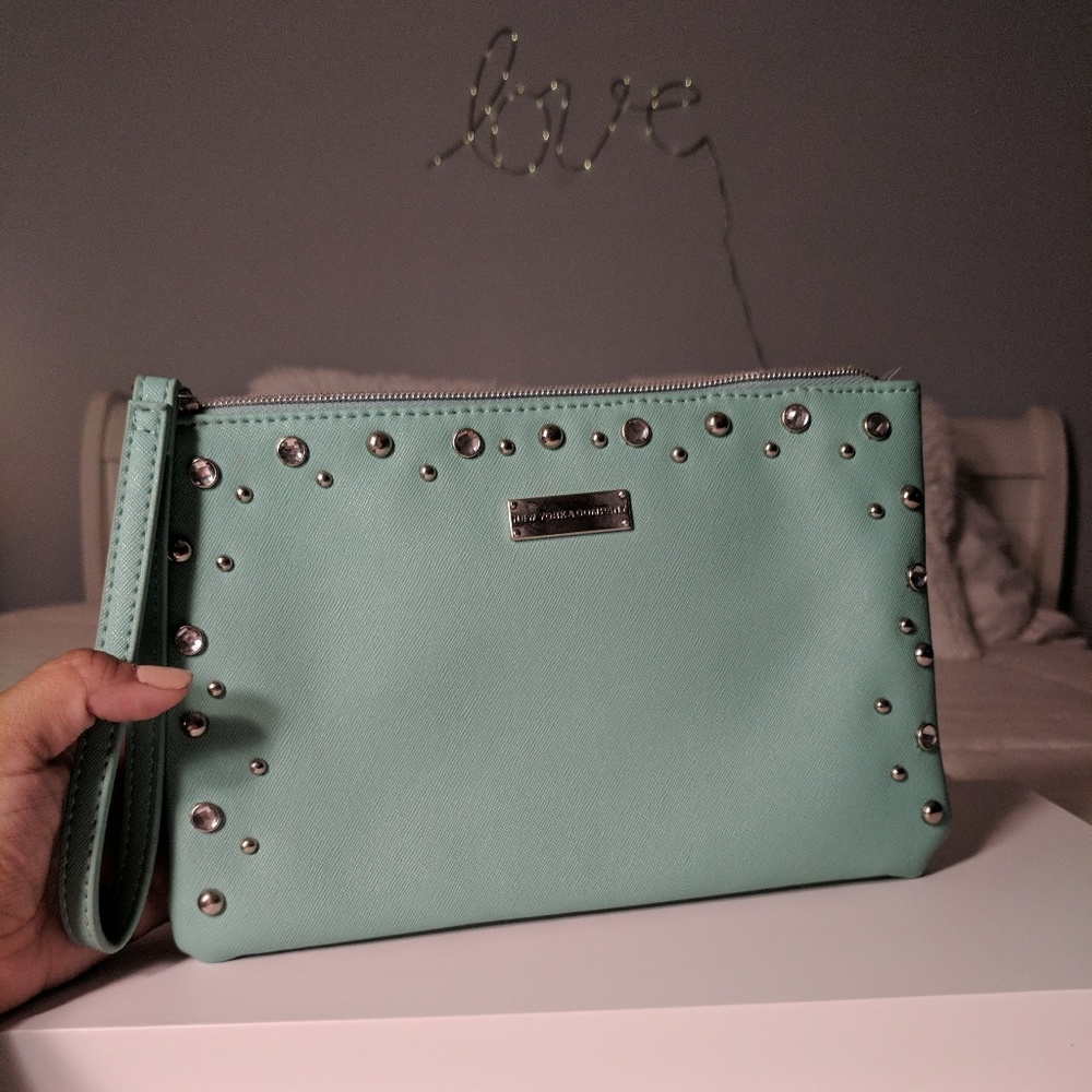 Mint blue studded clutch with wrist strap
