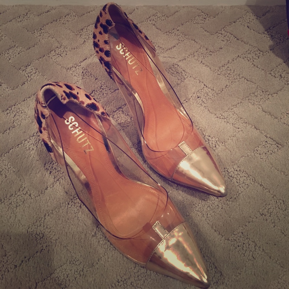 Schutz plexi gold and leopard heel combo!