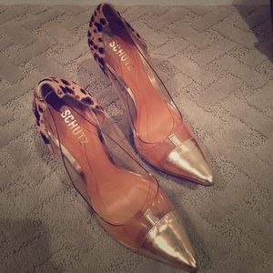 Schutz plexi gold and leopard heel combo!