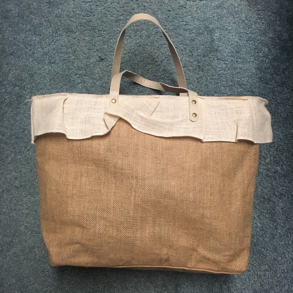 Mud Pie - Large Burlap Ruffle Tote Bag