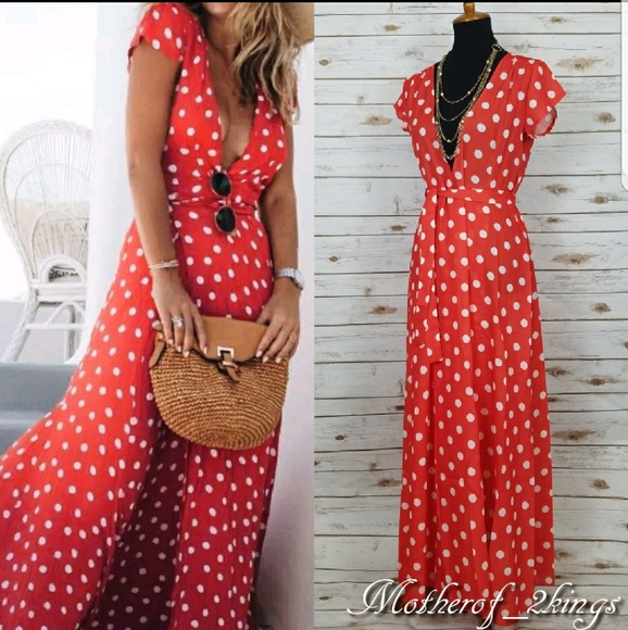 ๐ฅLAST ONE๐ฅRED POLKA DOT  DEEP PLUNGE DRESS - Picture 3 of 7