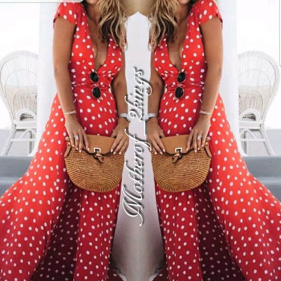 ๐ฅLAST ONE๐ฅRED POLKA DOT  DEEP PLUNGE DRESS - Picture 2 of 7