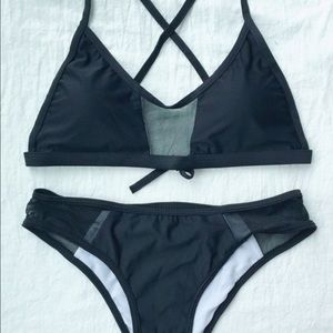 Solid Color Spaghetti Straps Bikini Set -Black