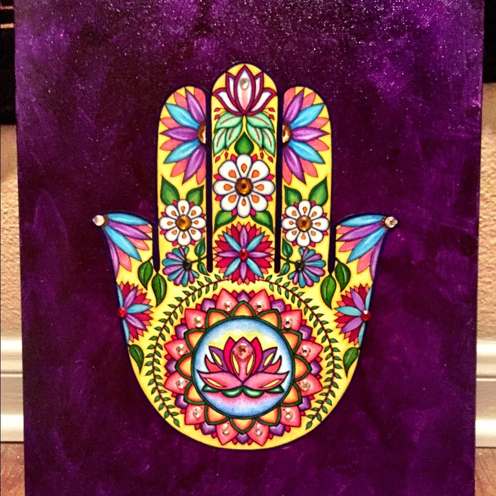 Original painting, colored Hamsa Hand on canvas