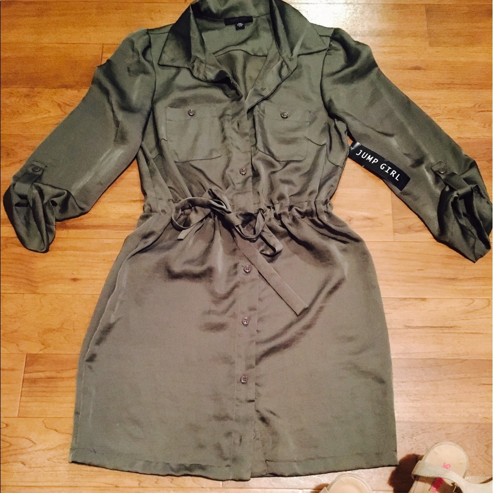 Olive green button up belted waist mini dress