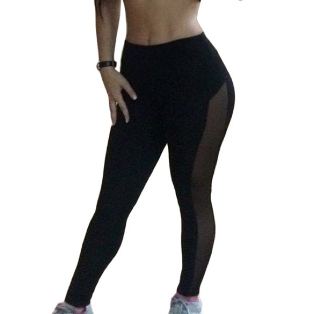 Sexy Black Leggings with See-through Mesh Panel