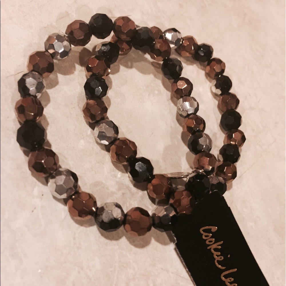 NWT Cookie Lee set 2 black gold faceted bracelets