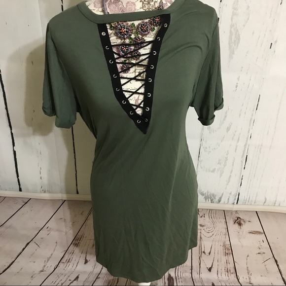 MRT Dresses & Skirts - 🎈Eyelet Plunge Green Choker Tshirt Dress DR-6