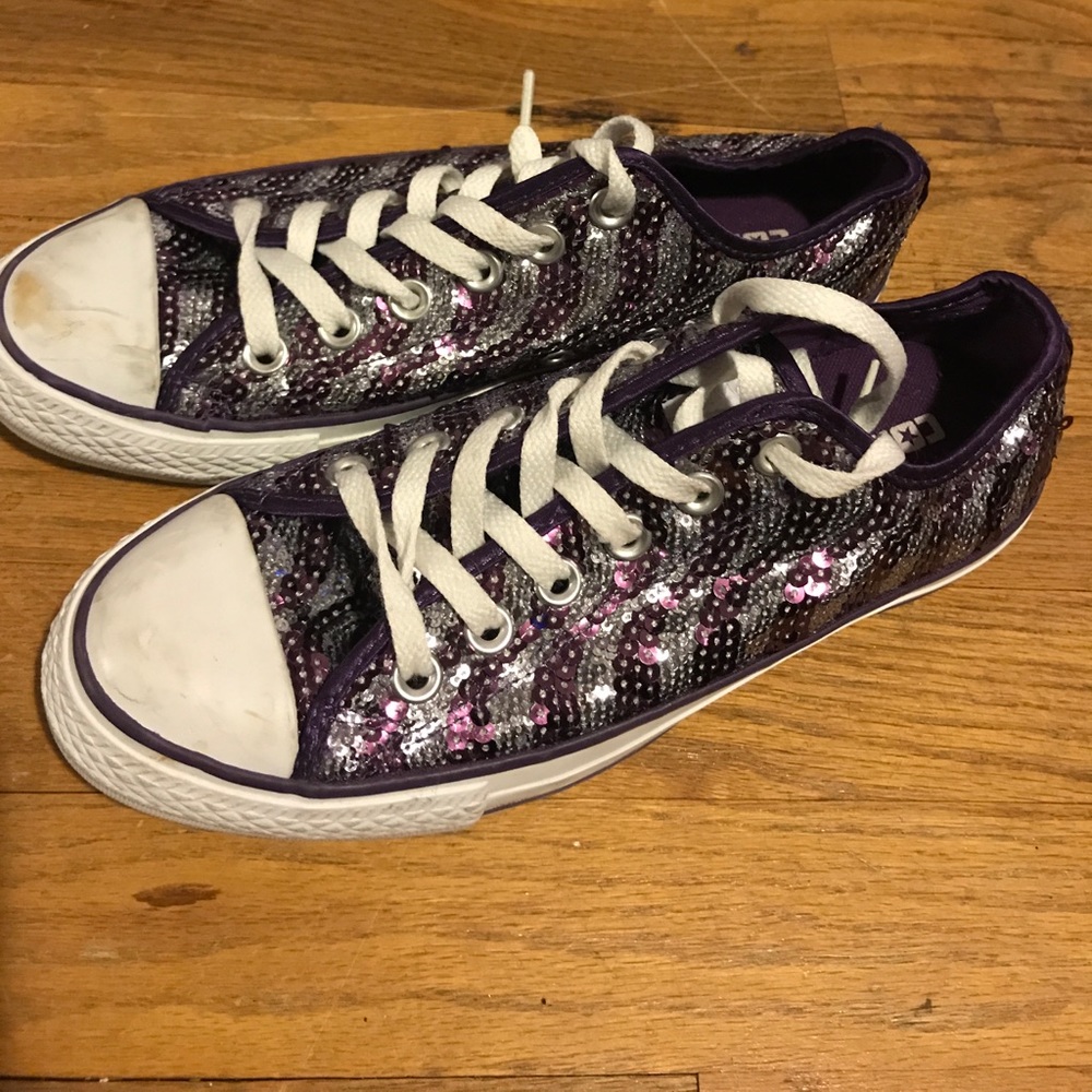 Purple and silver sparkle low cut converse