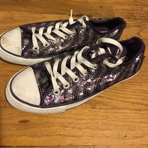 Purple and silver sparkle low cut converse