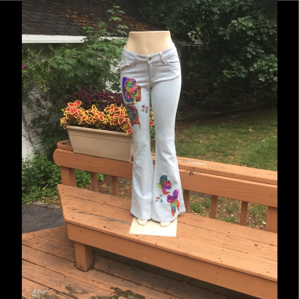 Hand-Painted Boho Bell-Bottom Jeans
