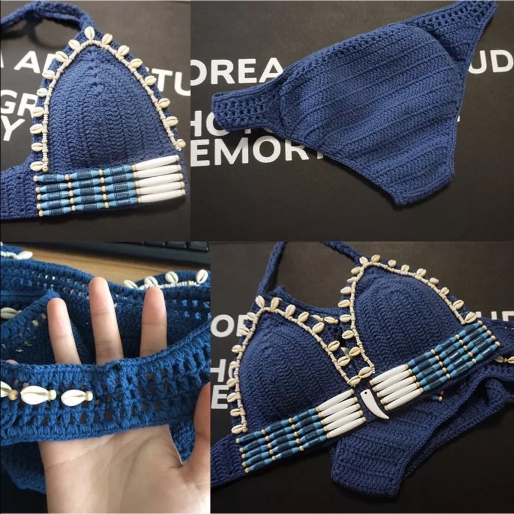 Foxy 5 🌟Fave! Boho Blue Crochet & Shell Bikini - Picture 3 of 8