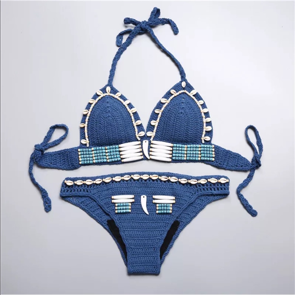 Foxy 5 🌟Fave! Boho Blue Crochet & Shell Bikini - Picture 5 of 8