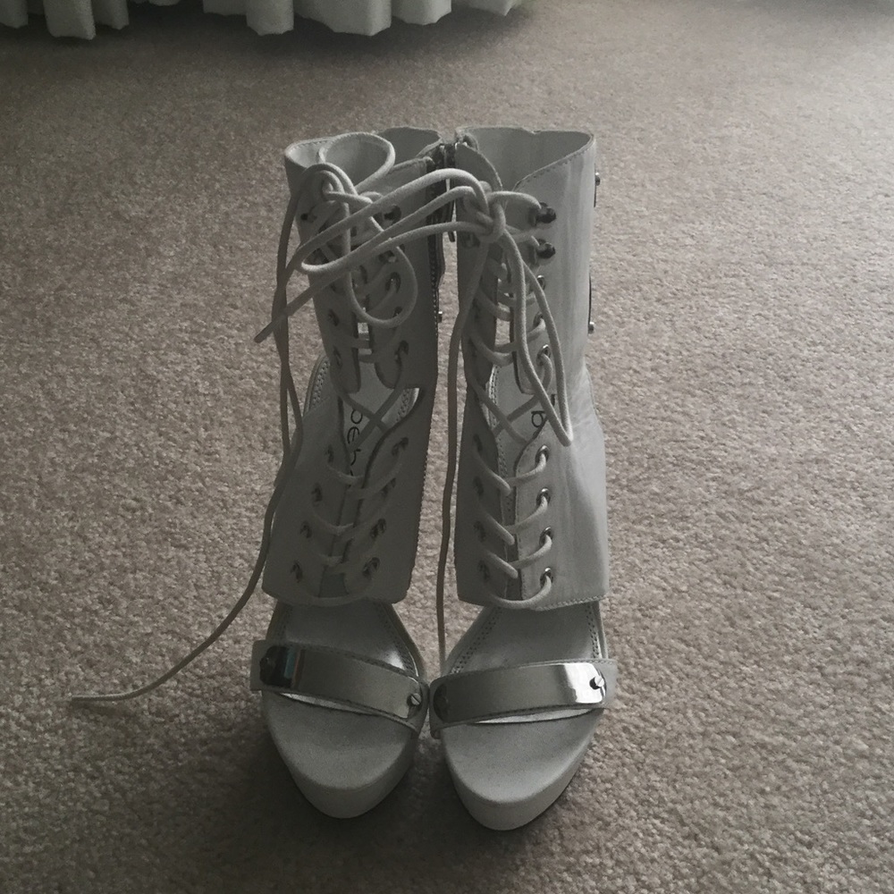 Bebe white lace up heels