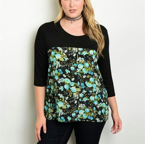 NWOT Black with Blue Flowers Plus Size Top - Picture 1 of 3