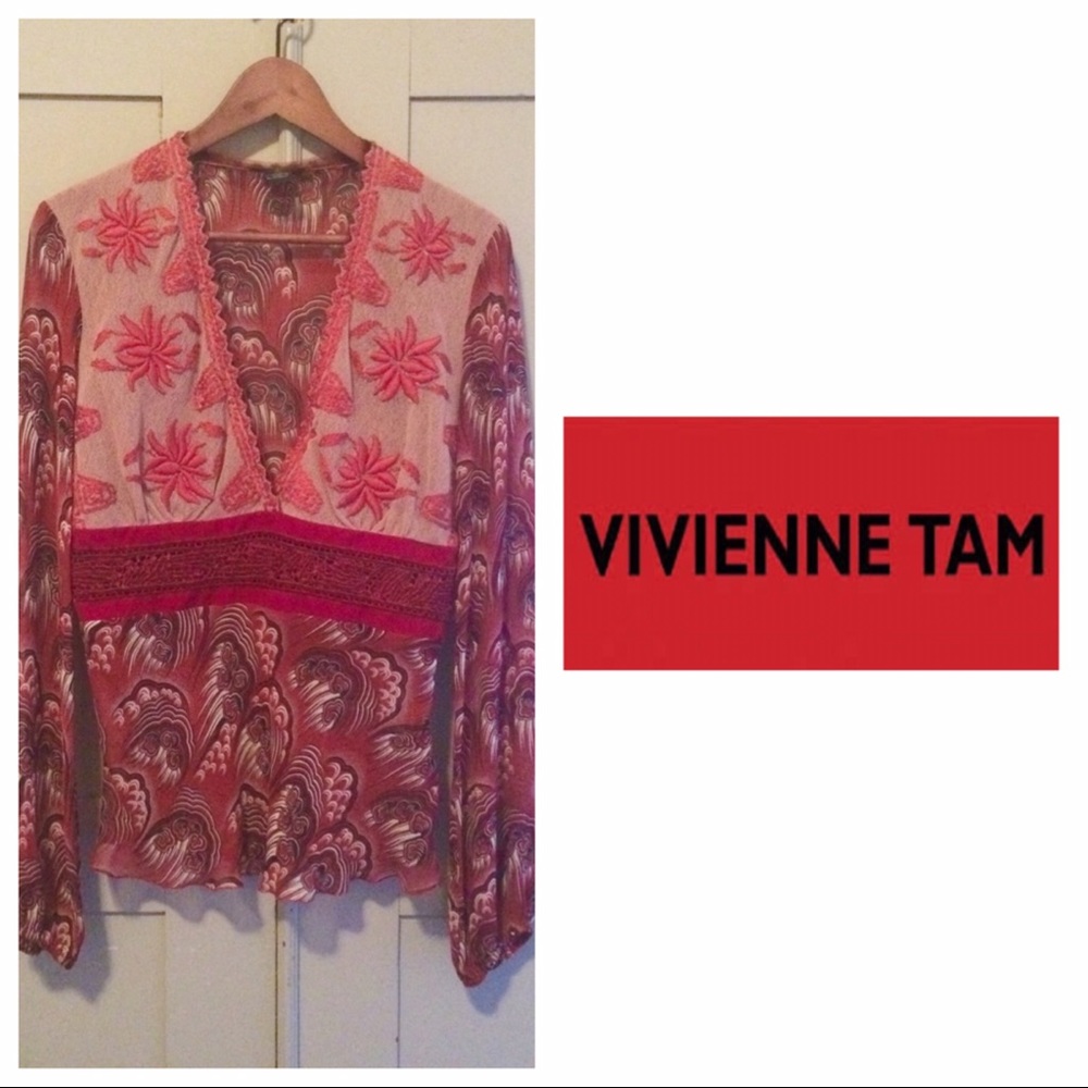 Vivienne Tam Red Silk Embroidered Blouse