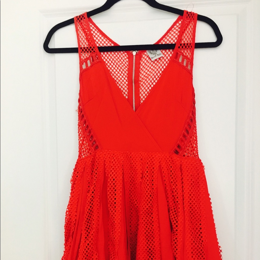 Red fishnet detail linen dress